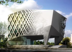 Frameless glass facade detail